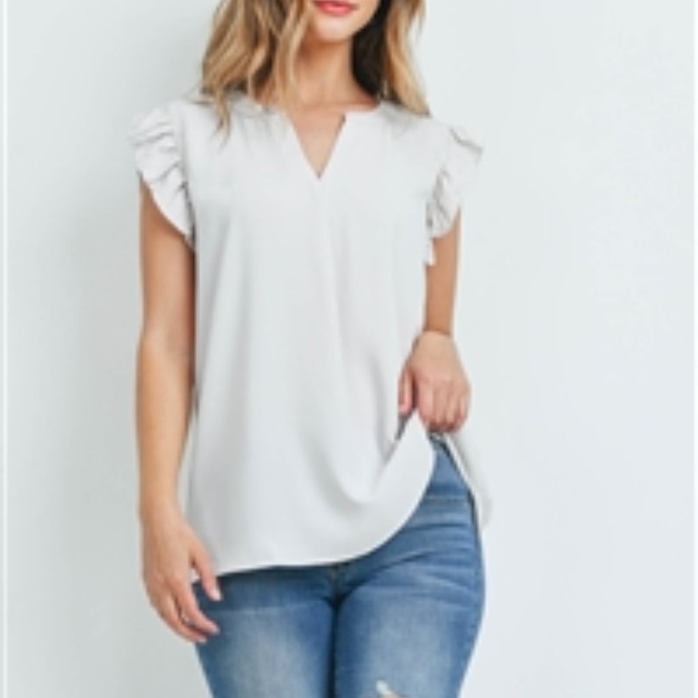 Bone Colored, Plus Size Solid Ruffled Sleeveless Top